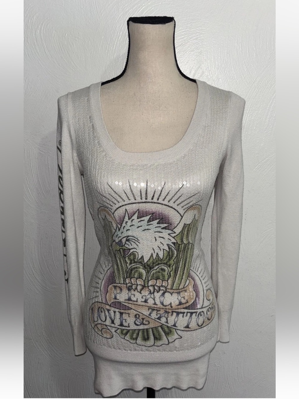 Y2K Ed Hardy Sequin Top White Graphic Christian Audigier Eagle Motif Small